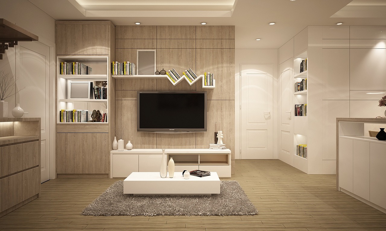 Minimalistische kamer met groen en houten accenten.