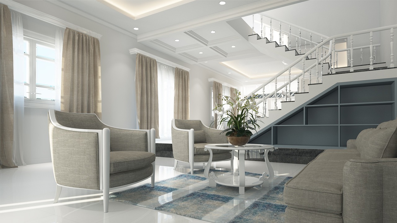 Winterse woonkamer met knusse, grijze decoraties. Winterse woonkamer met knusse, grijze decoraties.